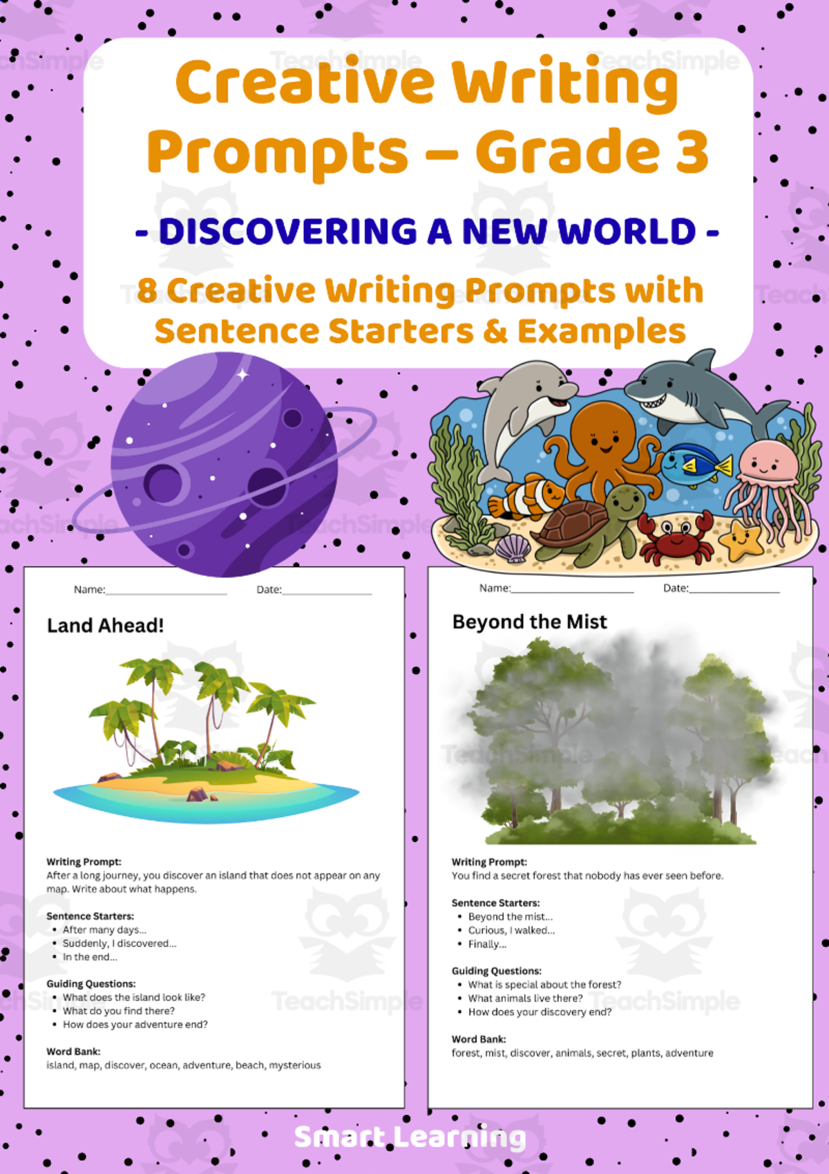 An educational teaching resource from Smart Learning Classroom entitled Creative Writing Prompts Grade 3 | Discovering a New World downloadable at Teach Simple.
