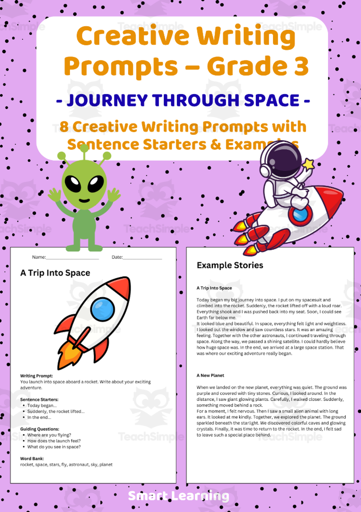 An educational teaching resource from Smart Learning Classroom entitled Creative Writing Prompts Grade 3 | Journey Through Space downloadable at Teach Simple.