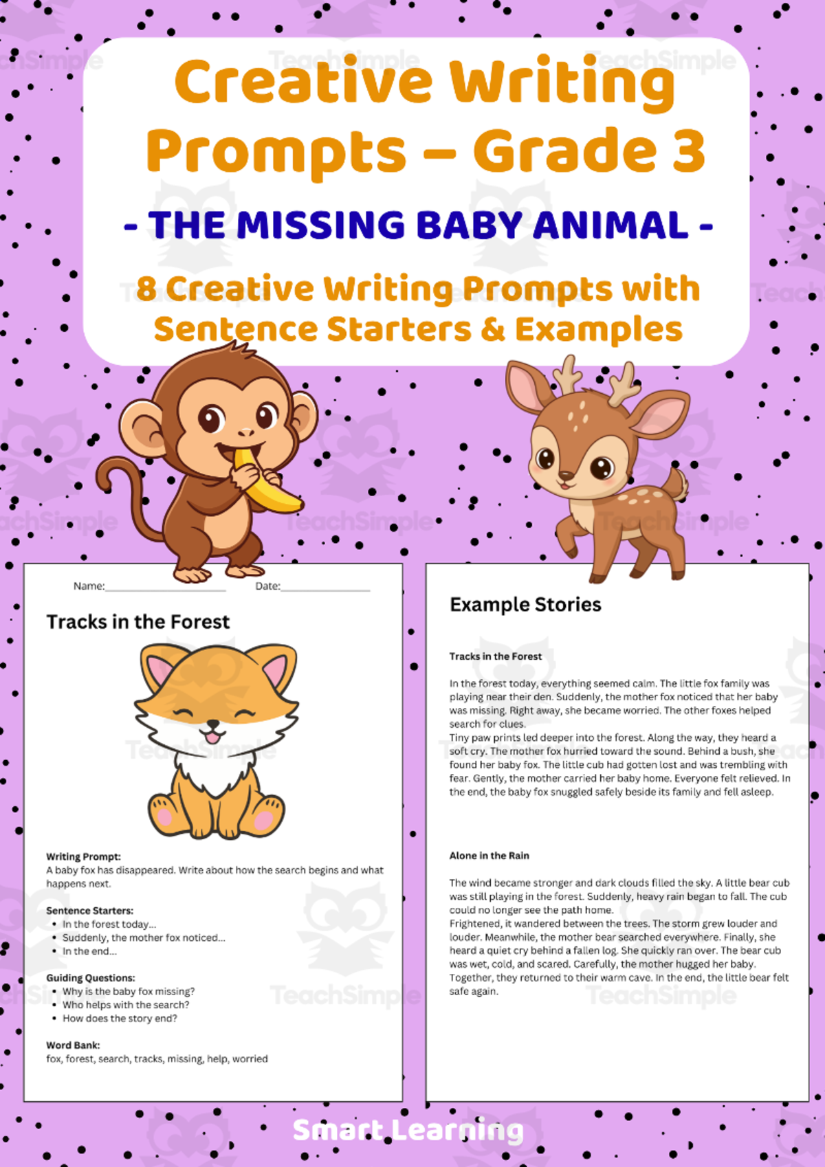 An educational teaching resource from Smart Learning Classroom entitled Creative Writing Prompts Grade 3 | The Missing Baby Animal downloadable at Teach Simple.
