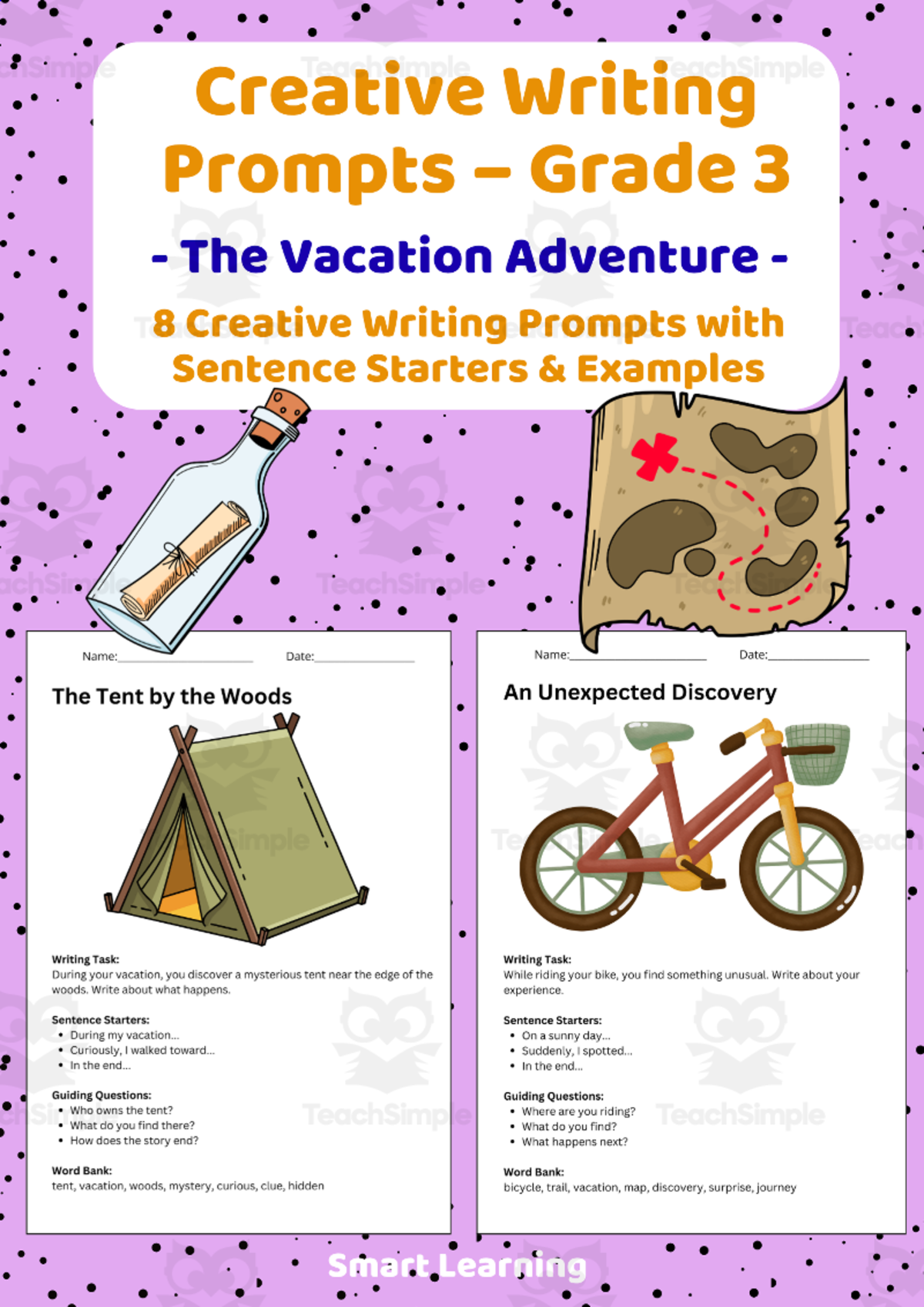An educational teaching resource from Smart Learning Classroom entitled Creative Writing Prompts Grade 3 | The Vacation Adventure downloadable at Teach Simple.