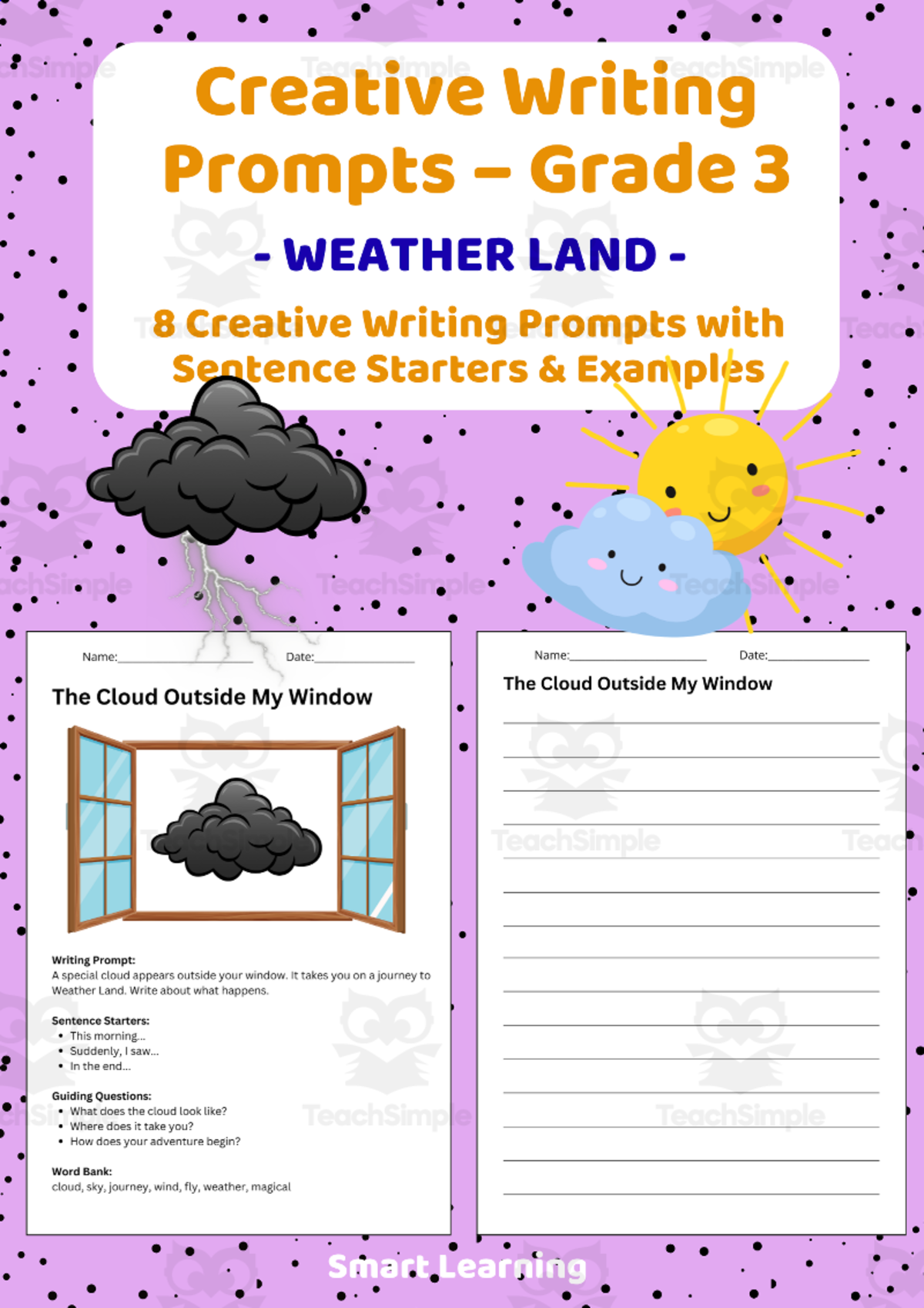 An educational teaching resource from Smart Learning Classroom entitled Creative Writing Prompts Grade 3 | Weather Land downloadable at Teach Simple.