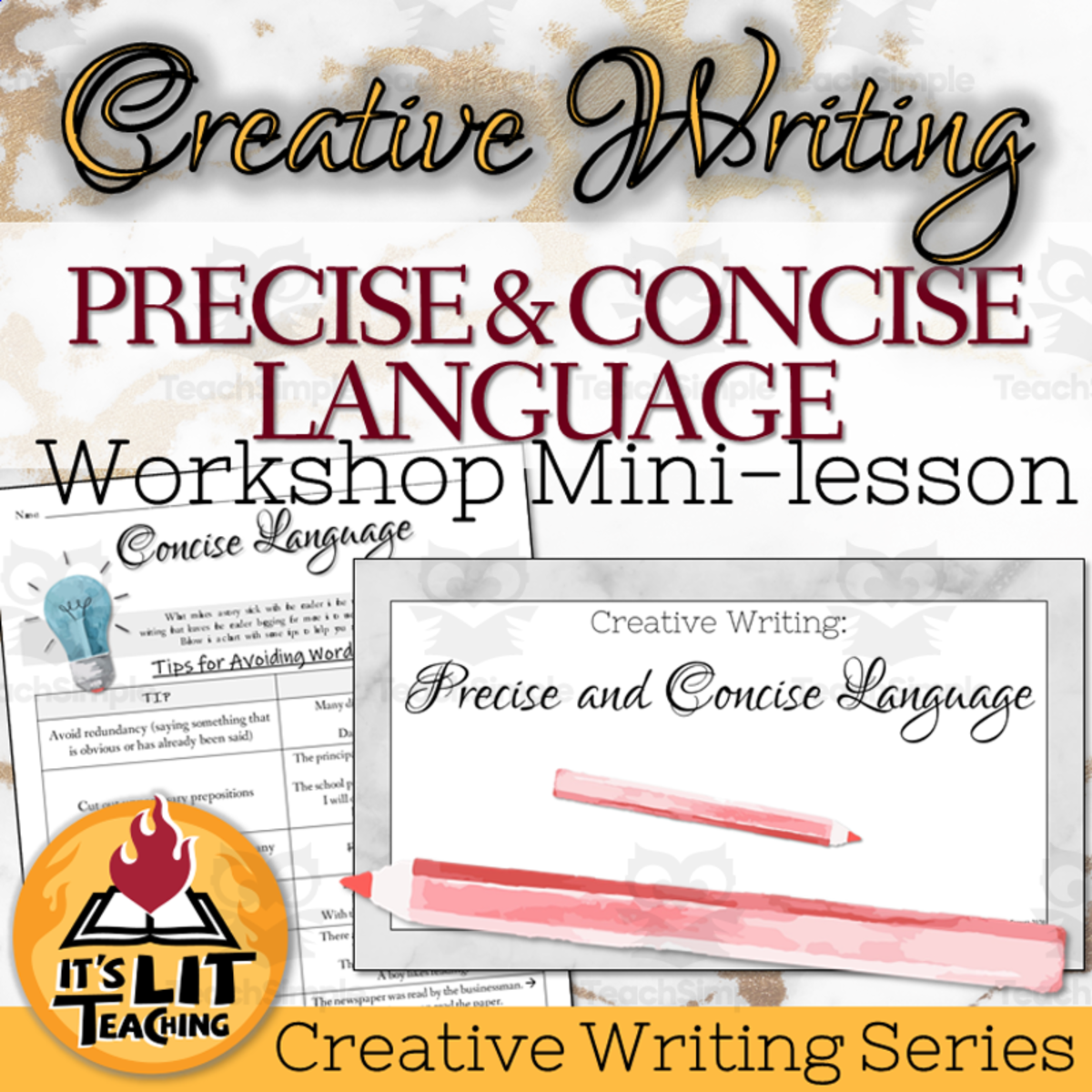 An educational teaching resource from It's Lit Teaching entitled Creative Writing Workshop: Precise and Concise Language Mini Lesson downloadable at Teach Simple.