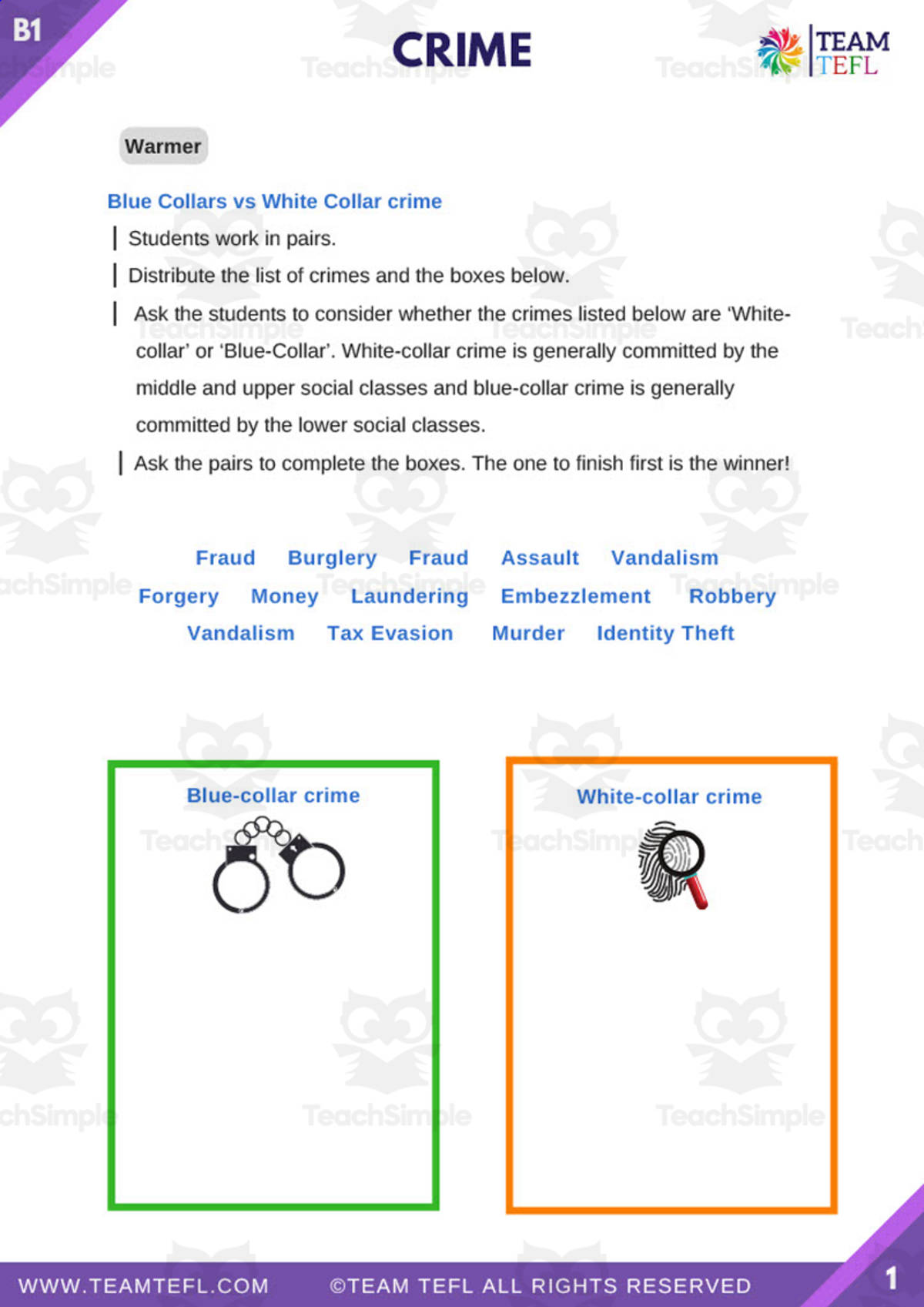 An educational teaching resource from TEAM TEFL entitled Crime ESL ELA TEFL Intermediate Lesson Plan downloadable at Teach Simple.