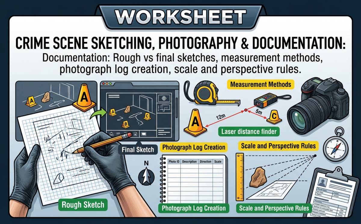 An educational teaching resource from Creative Book Store entitled Crime Scene Sketching, Photography & Documentation downloadable at Teach Simple.