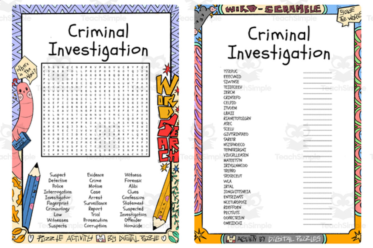 An educational teaching resource from Lapiiin Art Activities entitled Criminal Investigation word search & scramble downloadable at Teach Simple.