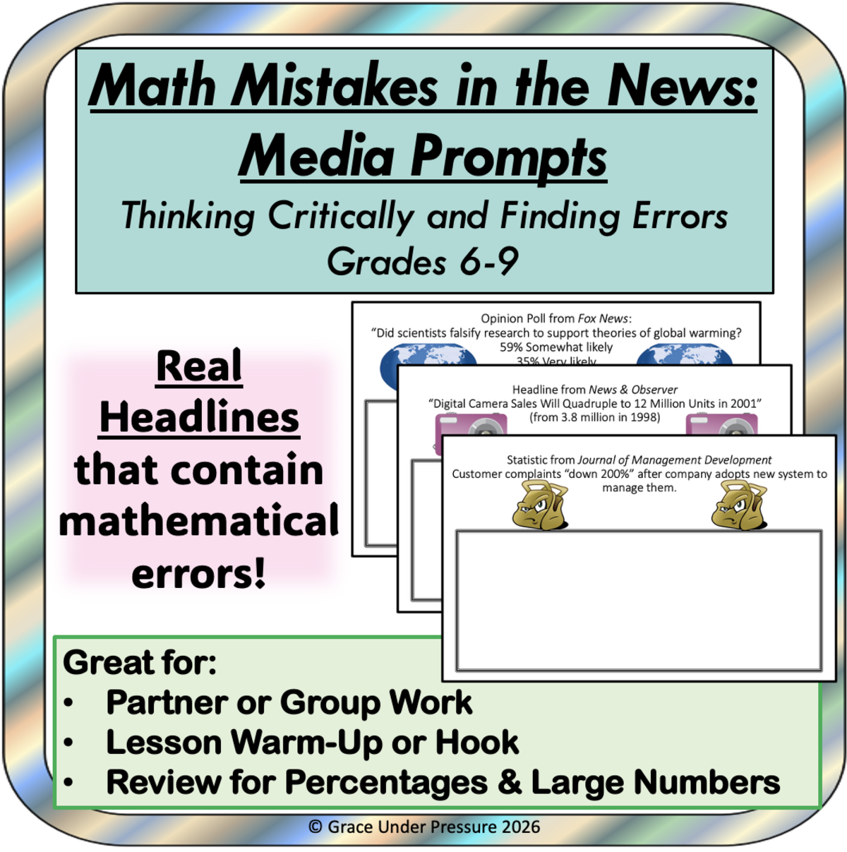 An educational teaching resource from Grace Under Pressure entitled Critical Thinking: Math in Media- Real World Middle School Math Task downloadable at Teach Simple.