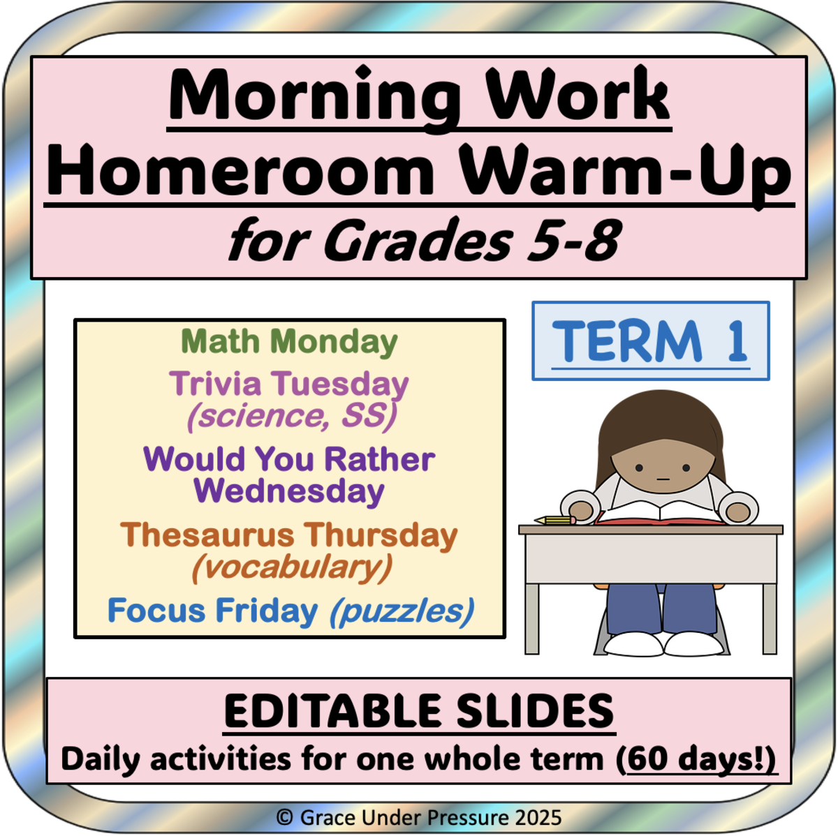 An educational teaching resource from Grace Under Pressure entitled Critical Thinking: Morning Work Warm-Ups 5th 6th 7th 8th Homeroom downloadable at Teach Simple.