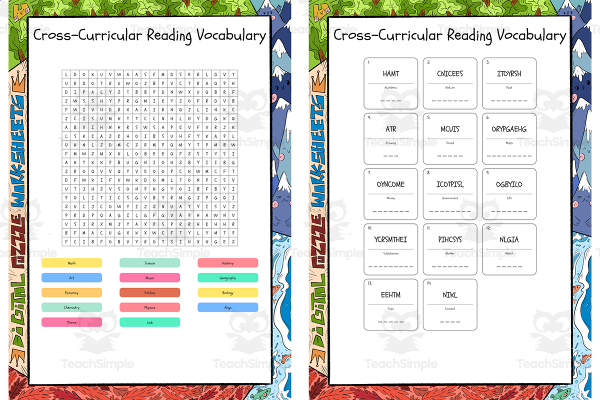 An educational teaching resource from Lapiiin Art Activities entitled Cross-Curricular Reading Vocabulary word search, scramble and crosswor downloadable at Teach Simple.