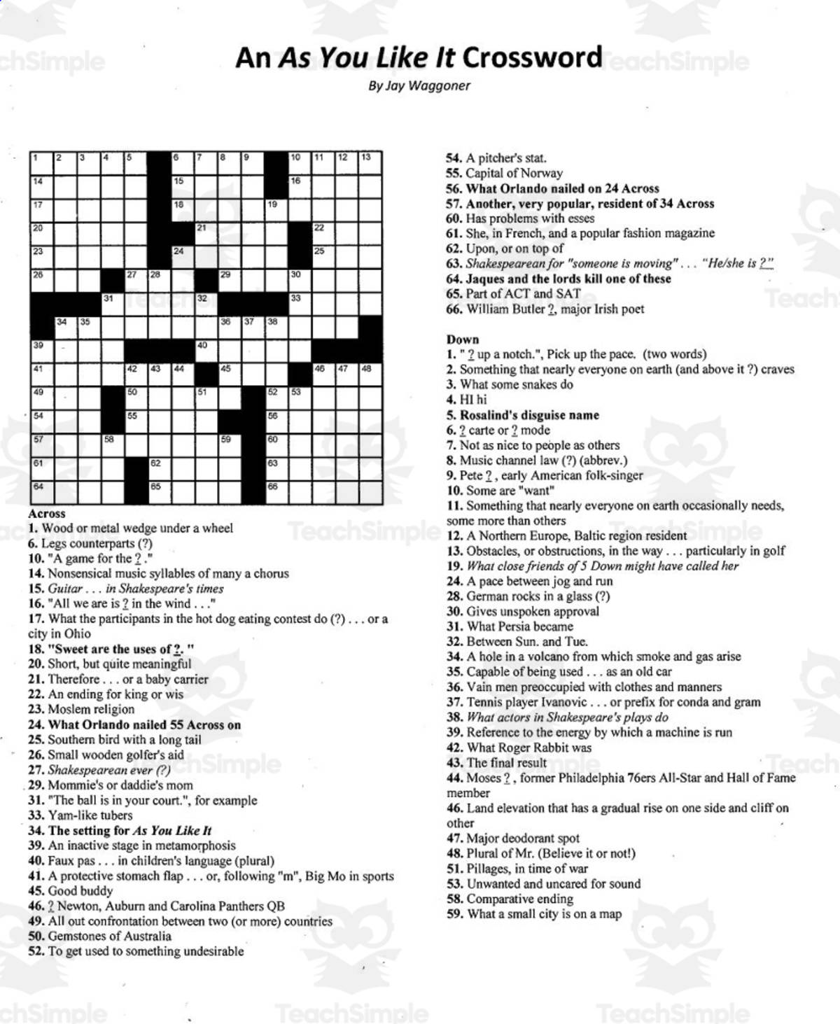 An educational teaching resource from Jay Waggoner entitled Crossword Puzzle: As You Like It downloadable at Teach Simple.