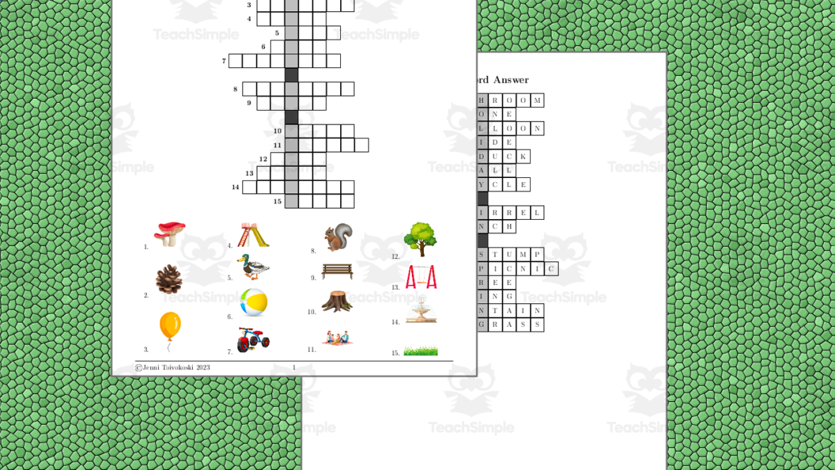 An educational teaching resource from TheBrightestKid entitled Crossword Puzzle: In the Park downloadable at Teach Simple.