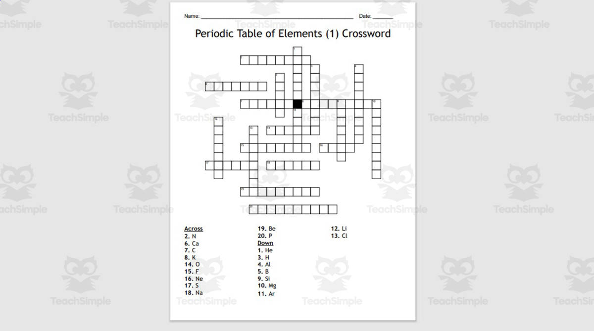 An educational teaching resource from DIGITAL SCHOOL OF LIFE entitled Crossword Puzzle: Periodic Table of Elements (1) downloadable at Teach Simple.