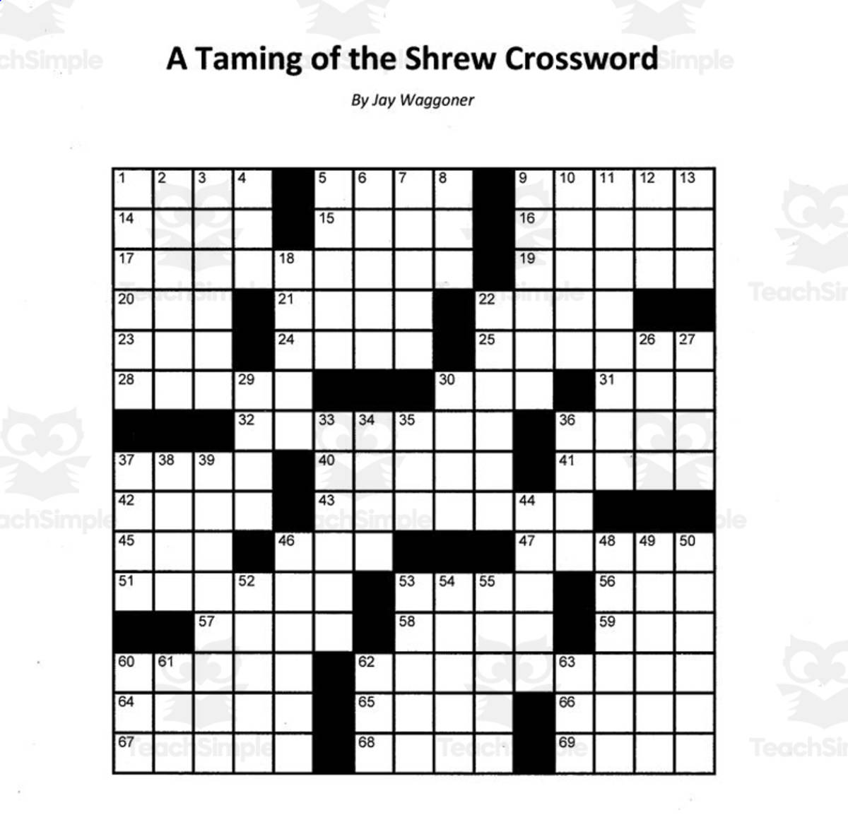 An educational teaching resource from Jay Waggoner entitled Crossword Puzzle: Taming of the Shrew downloadable at Teach Simple.