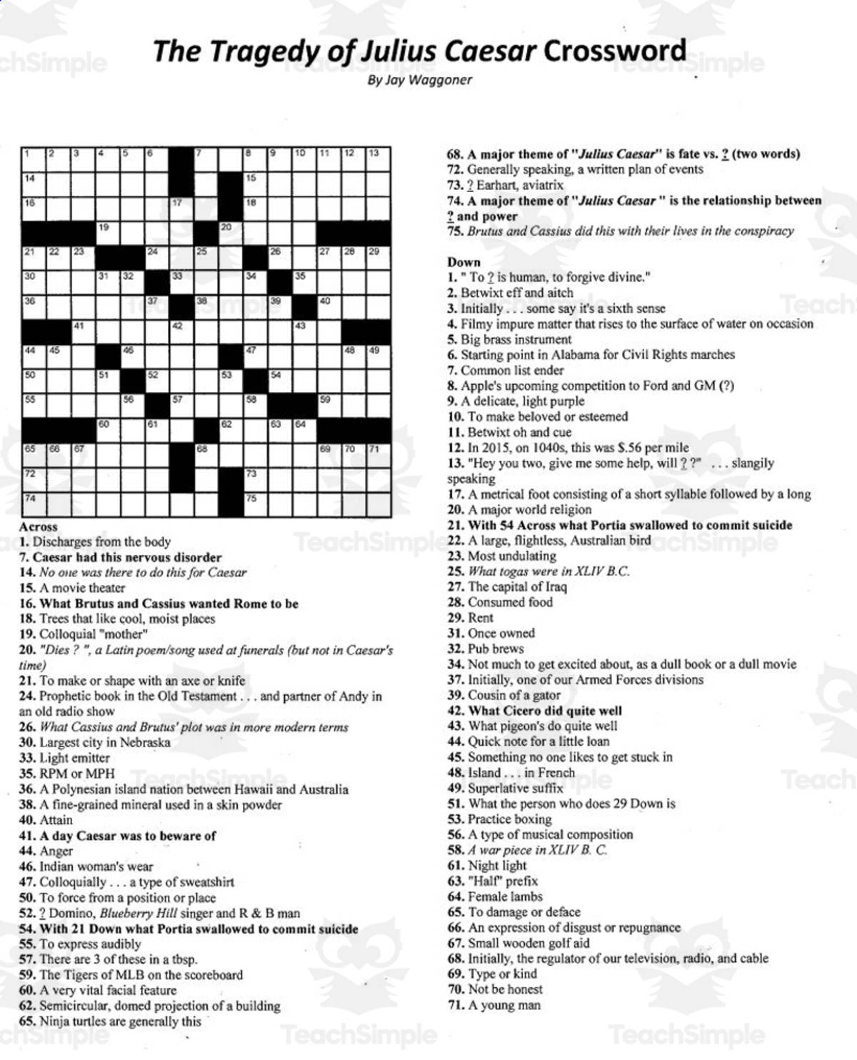 An educational teaching resource from Jay Waggoner entitled Crossword Puzzle: The Tragedy of Julius Caesar downloadable at Teach Simple.