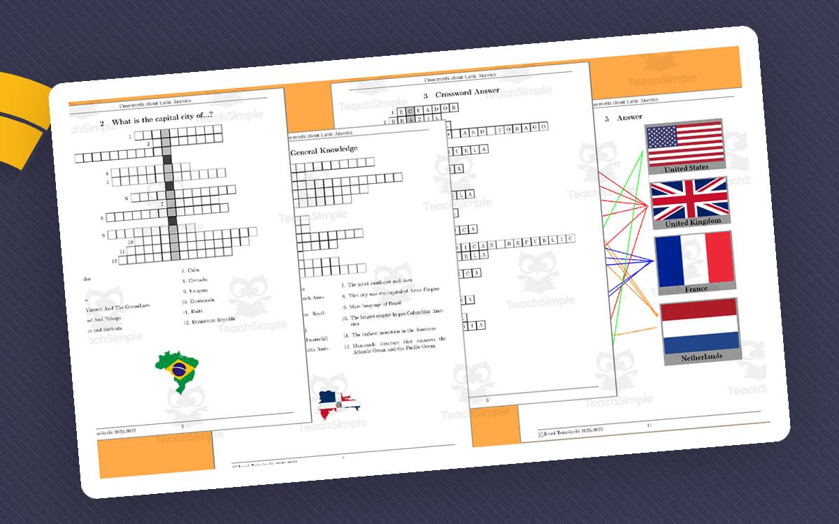 An educational teaching resource from TheBrightestKid entitled Crosswords about Latin America downloadable at Teach Simple.
