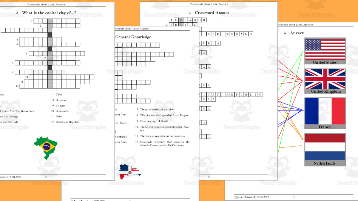 An educational teaching resource from TheBrightestKid entitled Crosswords about Latin America downloadable at Teach Simple.