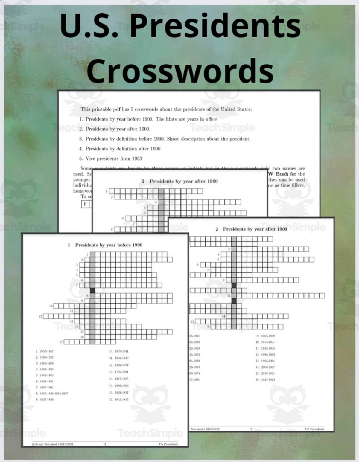 An educational teaching resource from TheBrightestKid entitled Crosswords about US Presidents downloadable at Teach Simple.