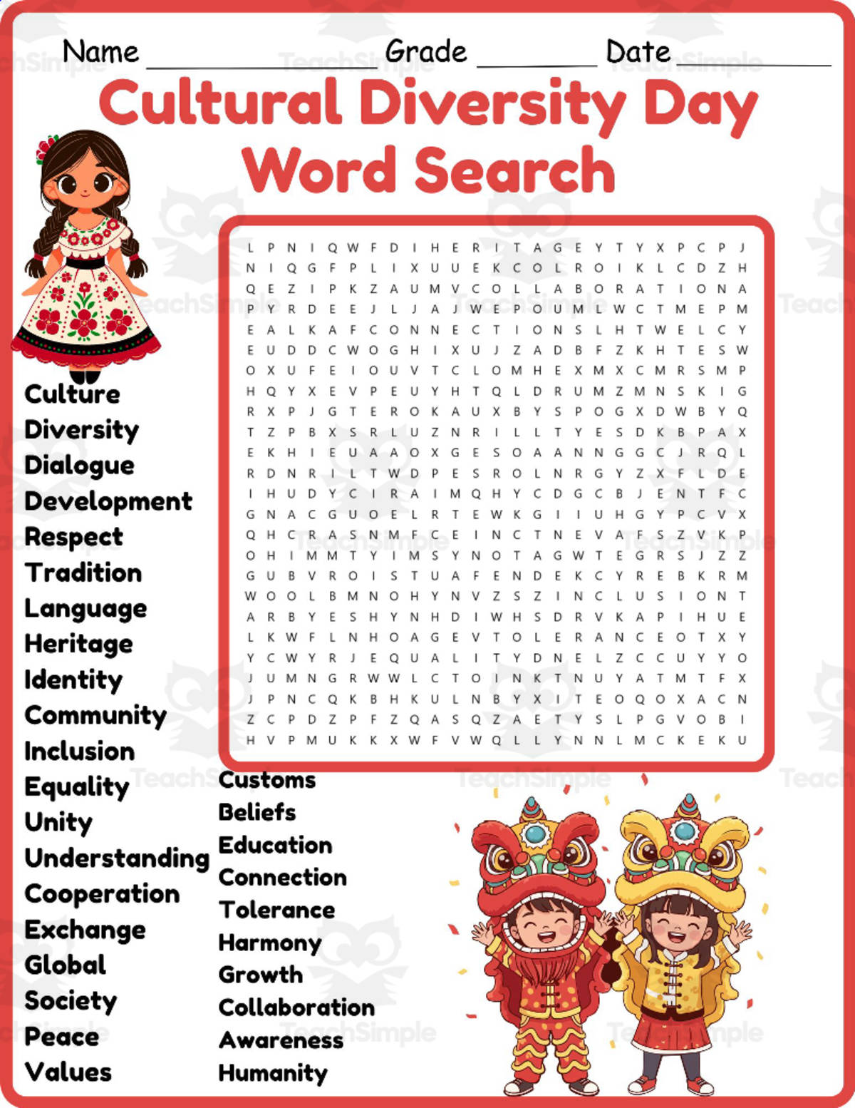 An educational teaching resource from Classsimple entitled Cultural Diversity day Word Search worksheet activity downloadable at Teach Simple.