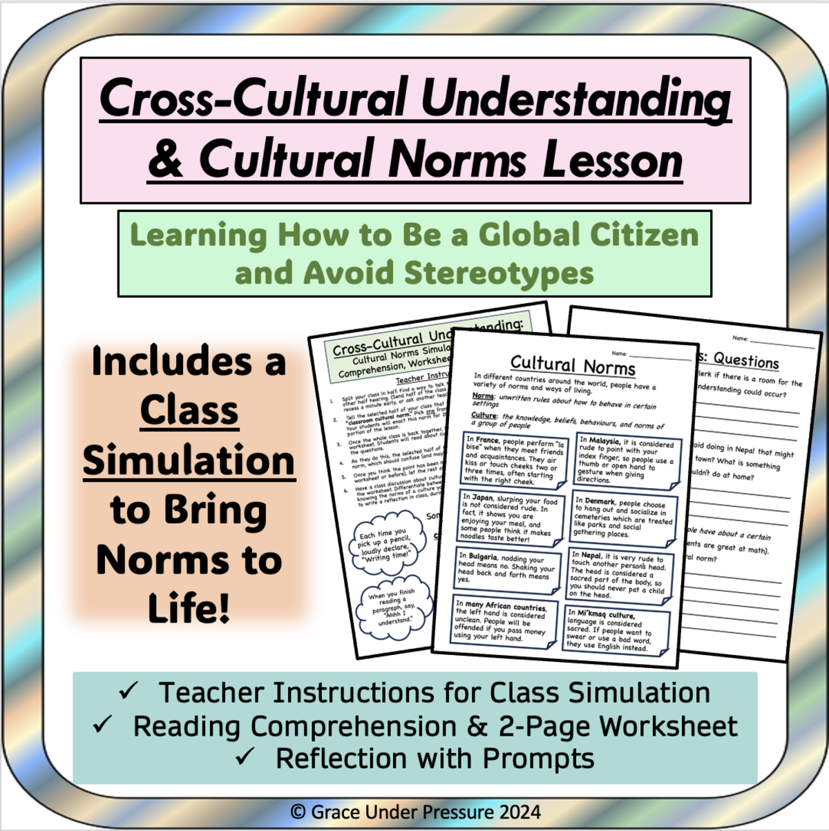 An educational teaching resource from Grace Under Pressure entitled Culture Lesson: Cultural Norms and Avoiding Stereotypes Worksheets downloadable at Teach Simple.