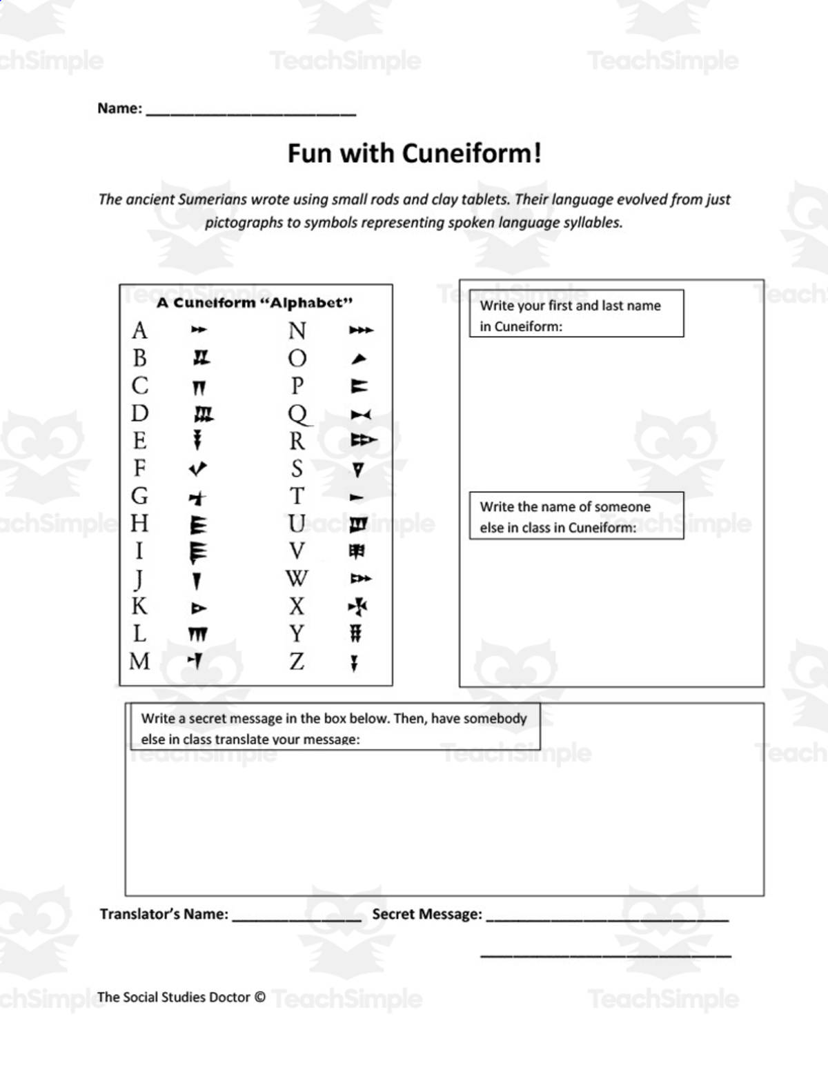 An educational teaching resource from The Social Studies Doctor entitled Cuneiform and the Code of Hammurabi | Ancient History Worksheets downloadable at Teach Simple.
