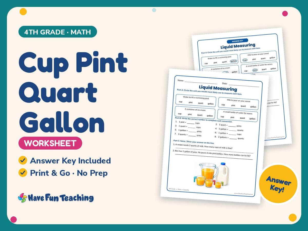 Cup Pint Quart Gallon Worksheet – 4th Grade Capacity & Measurement preview