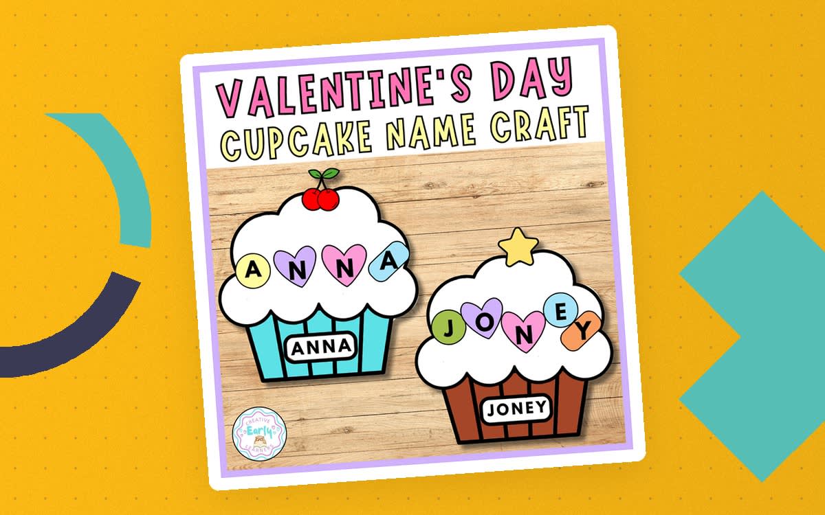 An educational teaching resource from Creative Early Learners entitled Cupcake Name Craft Valentines Day Kindergarten February downloadable at Teach Simple.