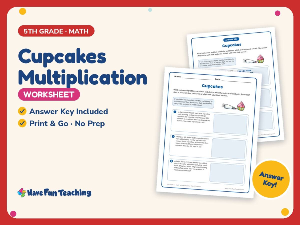 Cupcakes Multiplication Worksheet – 5th Grade Word Problems Practice preview