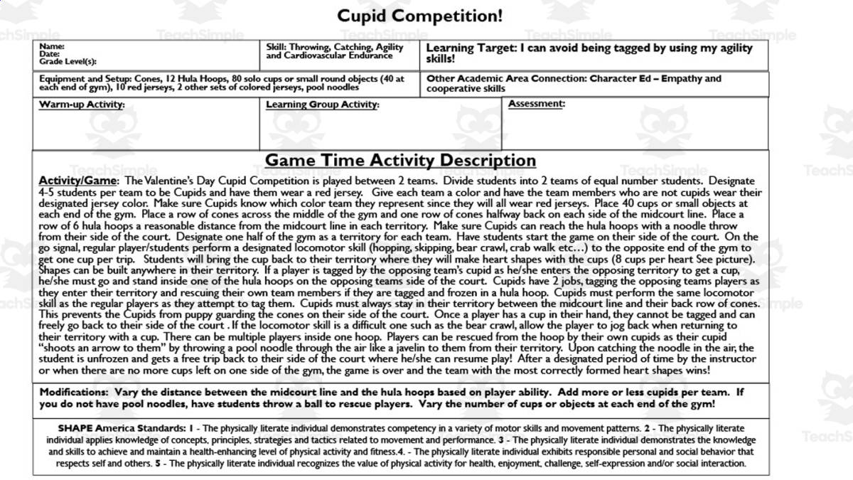 An educational teaching resource from Gems from the Gym entitled Cupid's Competition PE Game downloadable at Teach Simple.