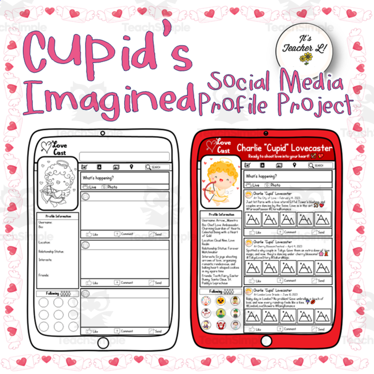 An educational teaching resource from It's Teacher L entitled Cupid’s Social Media Profile | Valentine's Day Project | Biography downloadable at Teach Simple.
