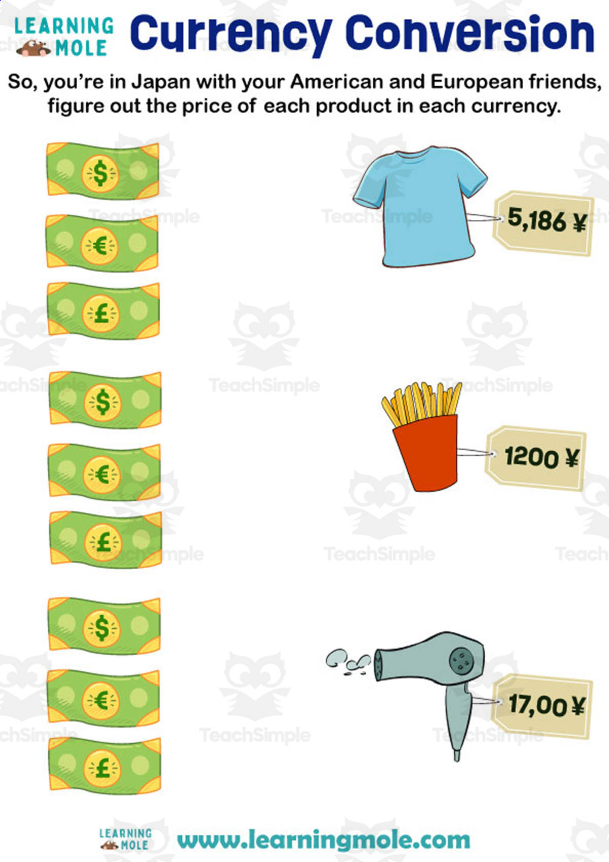 An educational teaching resource from Educational Voice entitled Currency Conversion Activity downloadable at Teach Simple.