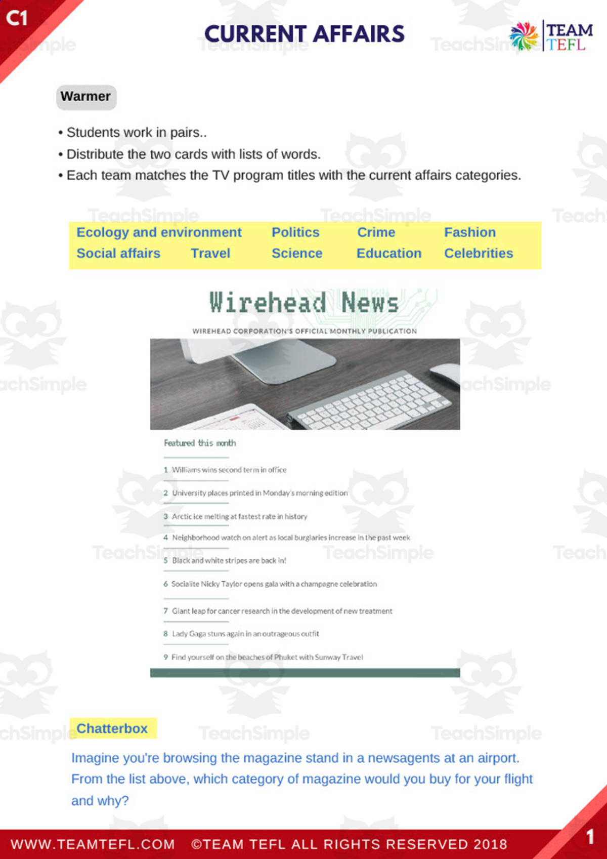 An educational teaching resource from TEAM TEFL entitled Current Affairs ESL Advanced Lesson Plan downloadable at Teach Simple.