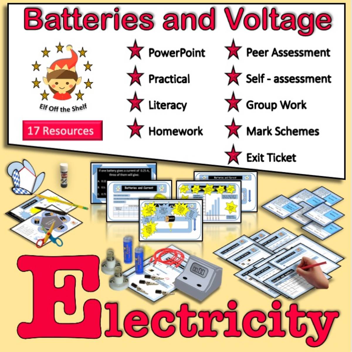 An educational teaching resource from Elf off the Shelf Resources entitled Current Electricity - Batteries and Voltage Fully Resourced Lesson downloadable at Teach Simple.