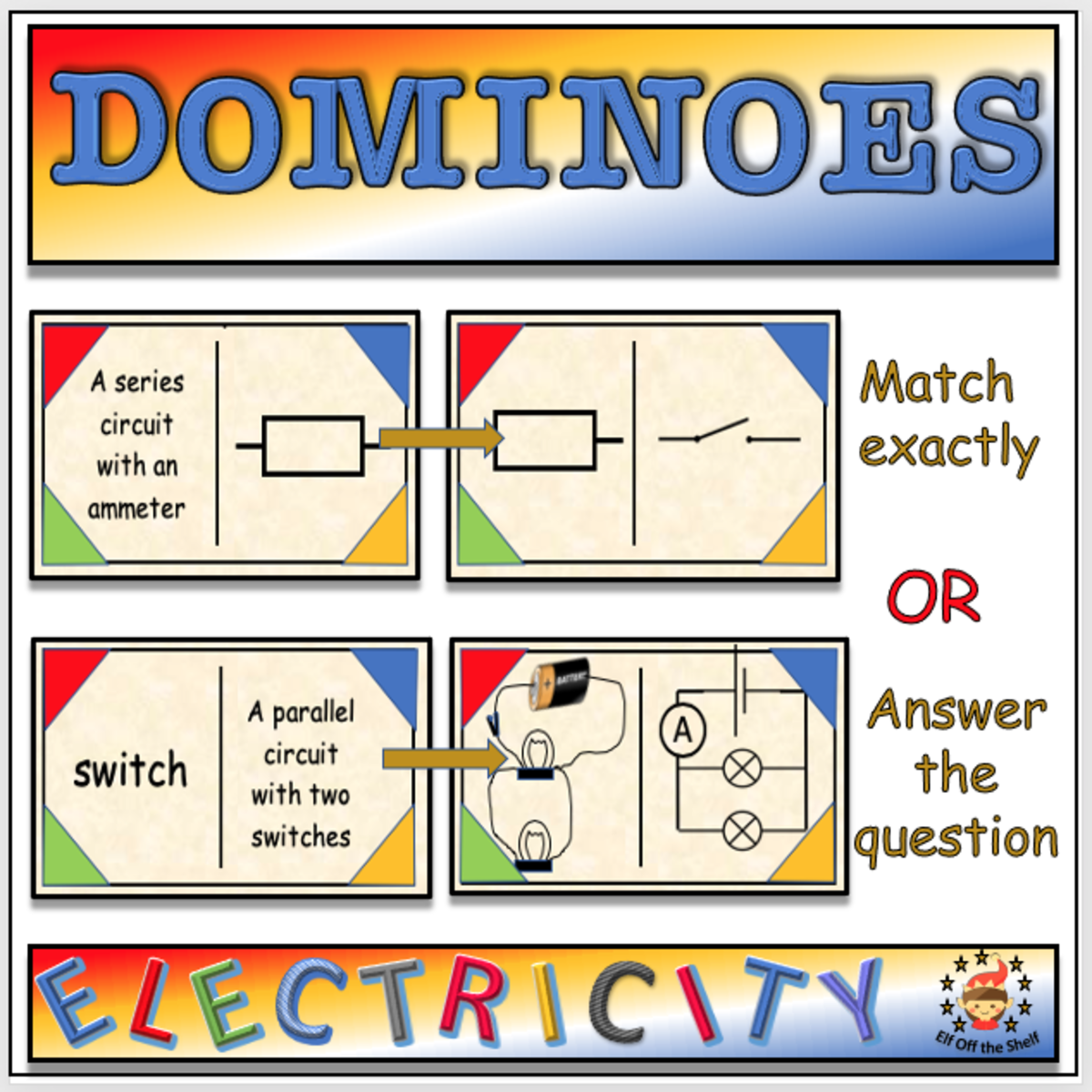 An educational teaching resource from Elf off the Shelf Resources entitled Current Electricity - Circuit and Symbols Dominoes for Middle School Science downloadable at Teach Simple.