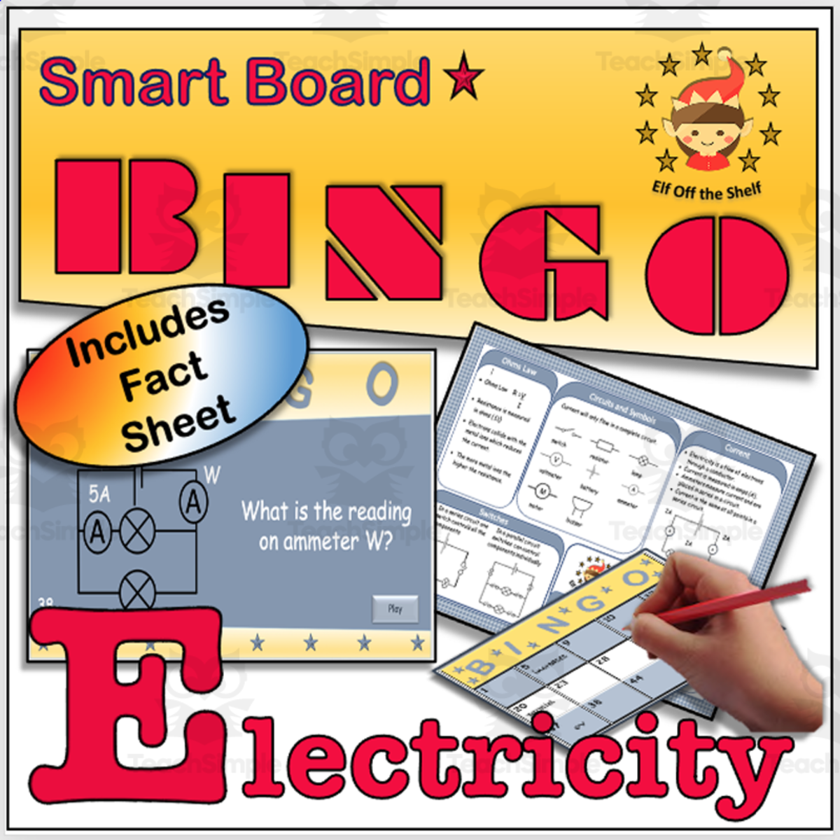 An educational teaching resource from Elf off the Shelf Resources entitled Current Electricity Smart Board Bingo downloadable at Teach Simple.