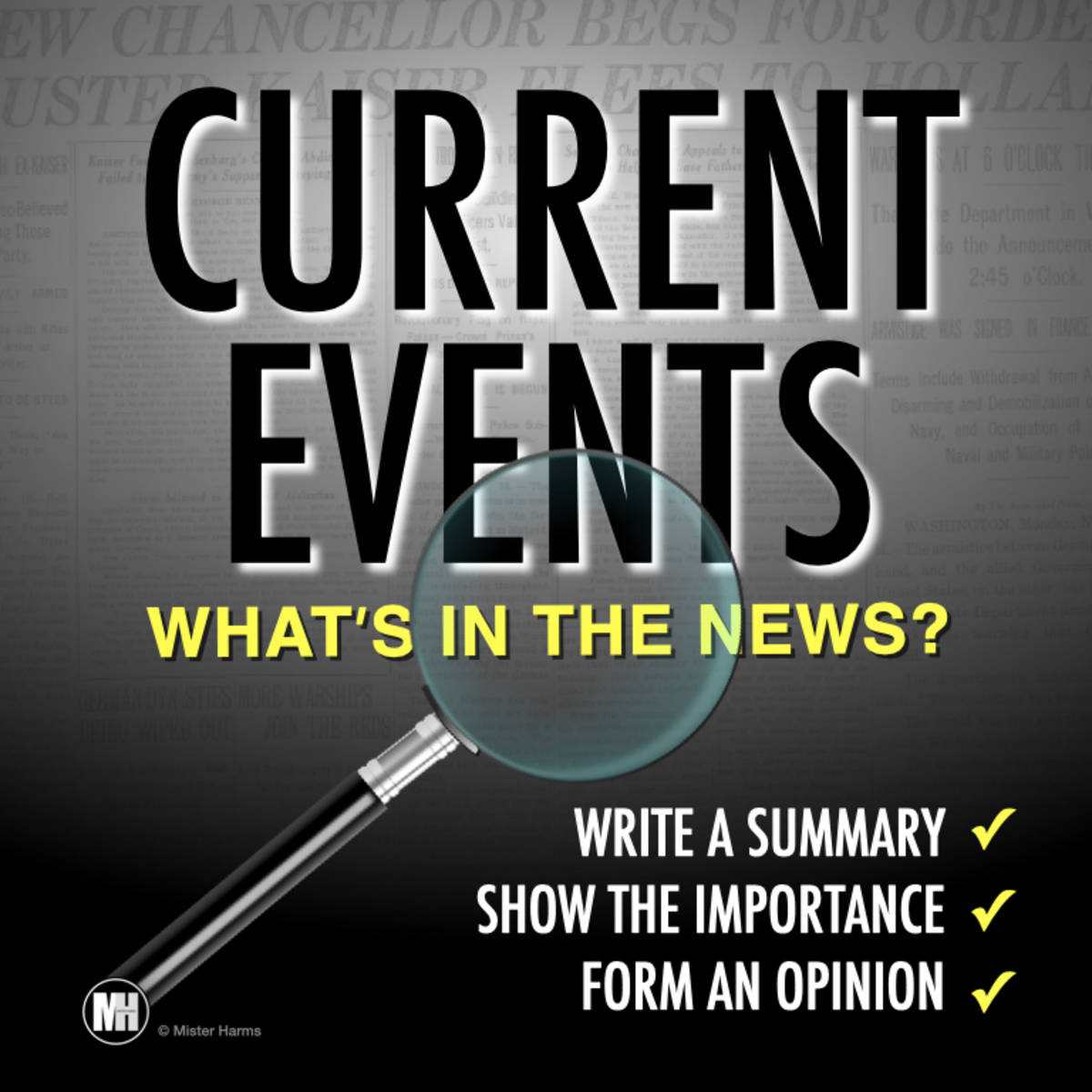 An educational teaching resource from Mister Harms entitled Current Events News Summary Activity downloadable at Teach Simple.