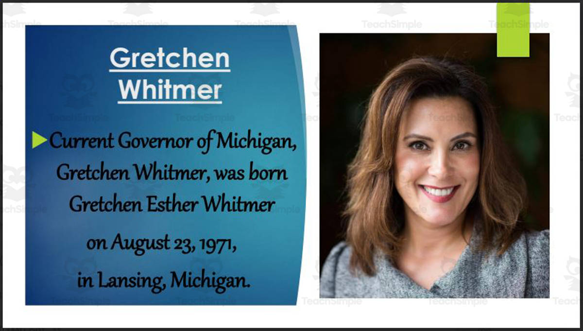 An educational teaching resource from Mr. Matthews Teacher Store entitled Current Governor, U.S. Senators & Representatives from Michigan (BIO PPT Bundle) downloadable at Teach Simple.