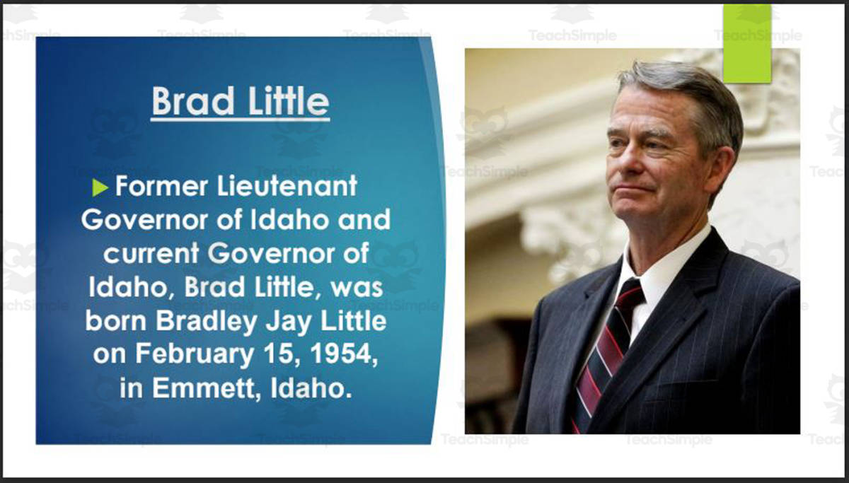 An educational teaching resource from Mr. Matthews Teacher Store entitled Current Idaho Governor, U.S. Senators, and U.S. Representatives (BIO PPT Bundle) downloadable at Teach Simple.