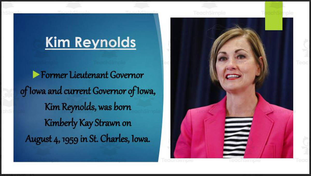An educational teaching resource from Mr. Matthews Teacher Store entitled Current Iowa Governor, U.S. Senators & Representatives (BIO PPT Bundle) downloadable at Teach Simple.