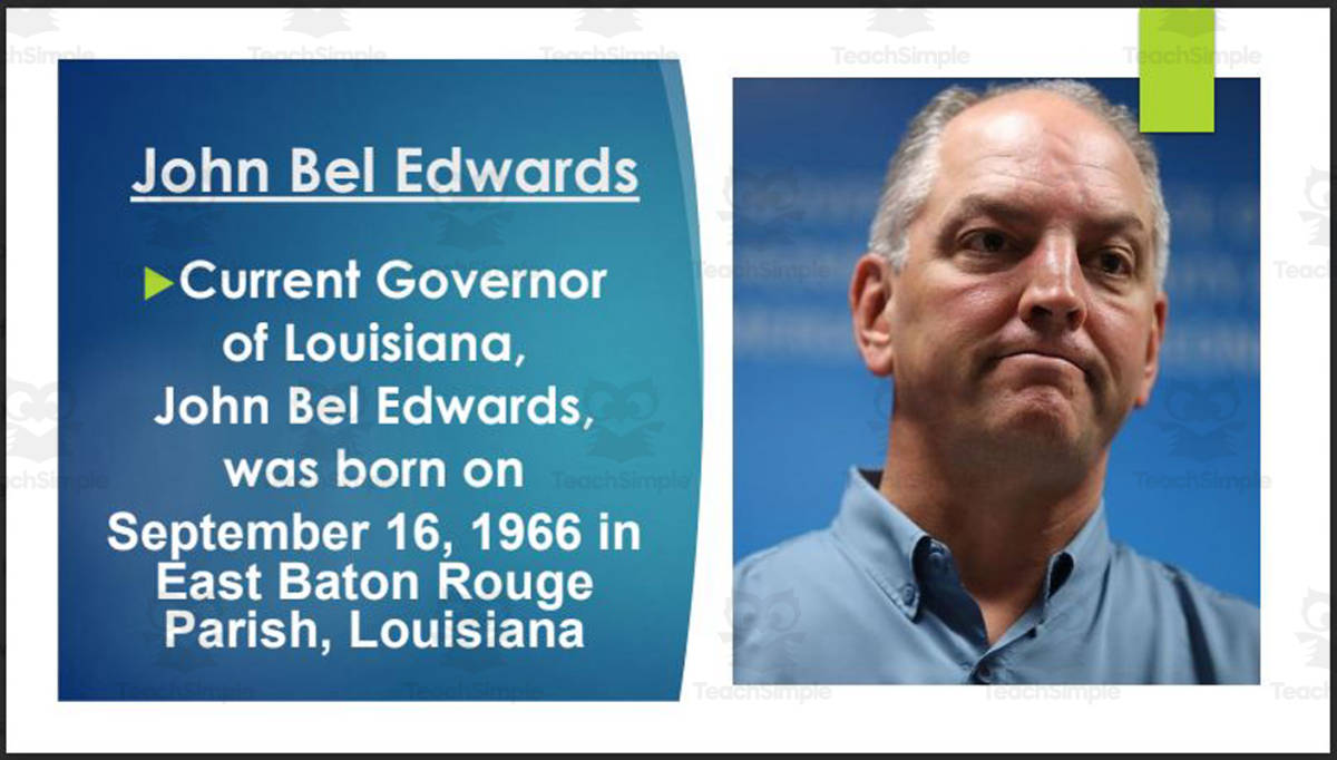 An educational teaching resource from Mr. Matthews Teacher Store entitled Current Louisiana Governor, U.S. Senators & Representatives (BIO PPT Bundle) downloadable at Teach Simple.