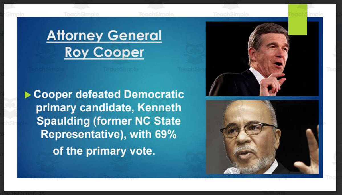 An educational teaching resource from Mr. Matthews Teacher Store entitled Current North Carolina Governor, U.S. Senators & Reps. (BIO PPT Bundle downloadable at Teach Simple.