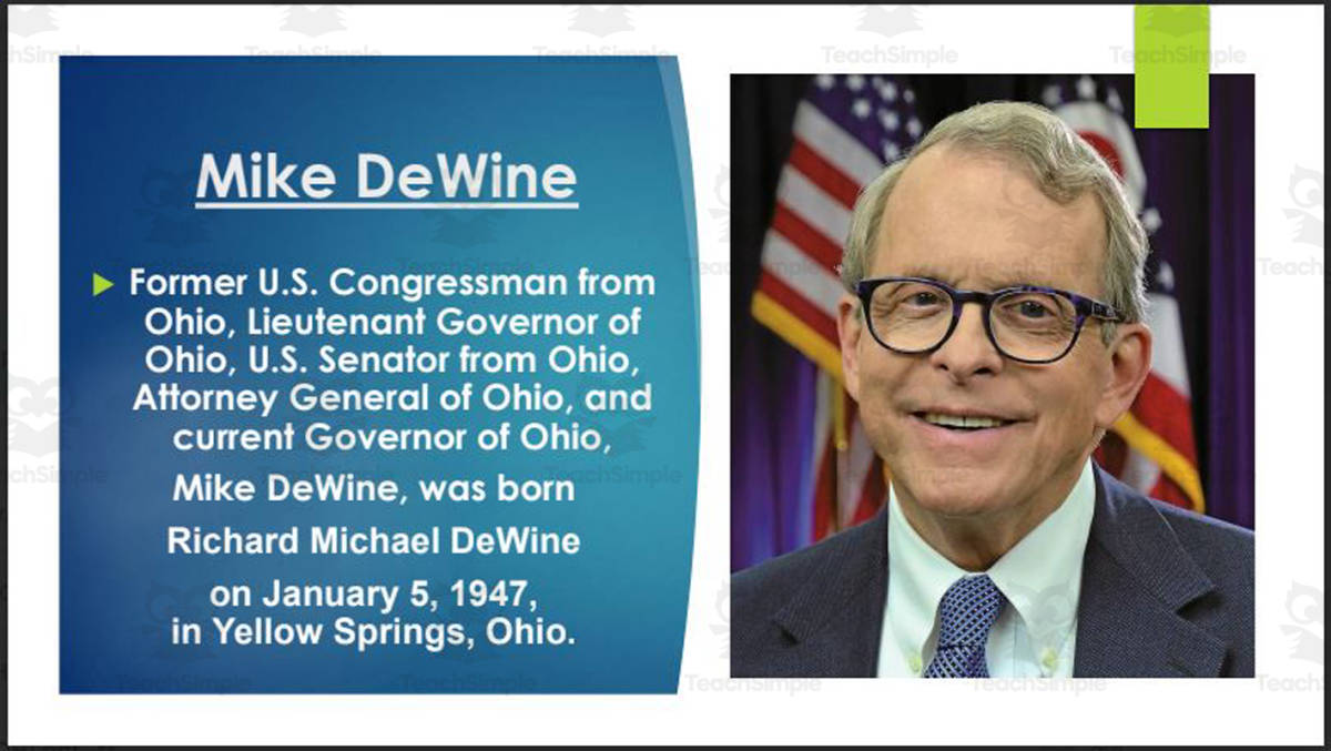 An educational teaching resource from Mr. Matthews Teacher Store entitled Current Ohio Governor, U.S. Senators & Representatives (BIO PPT Bundle) downloadable at Teach Simple.