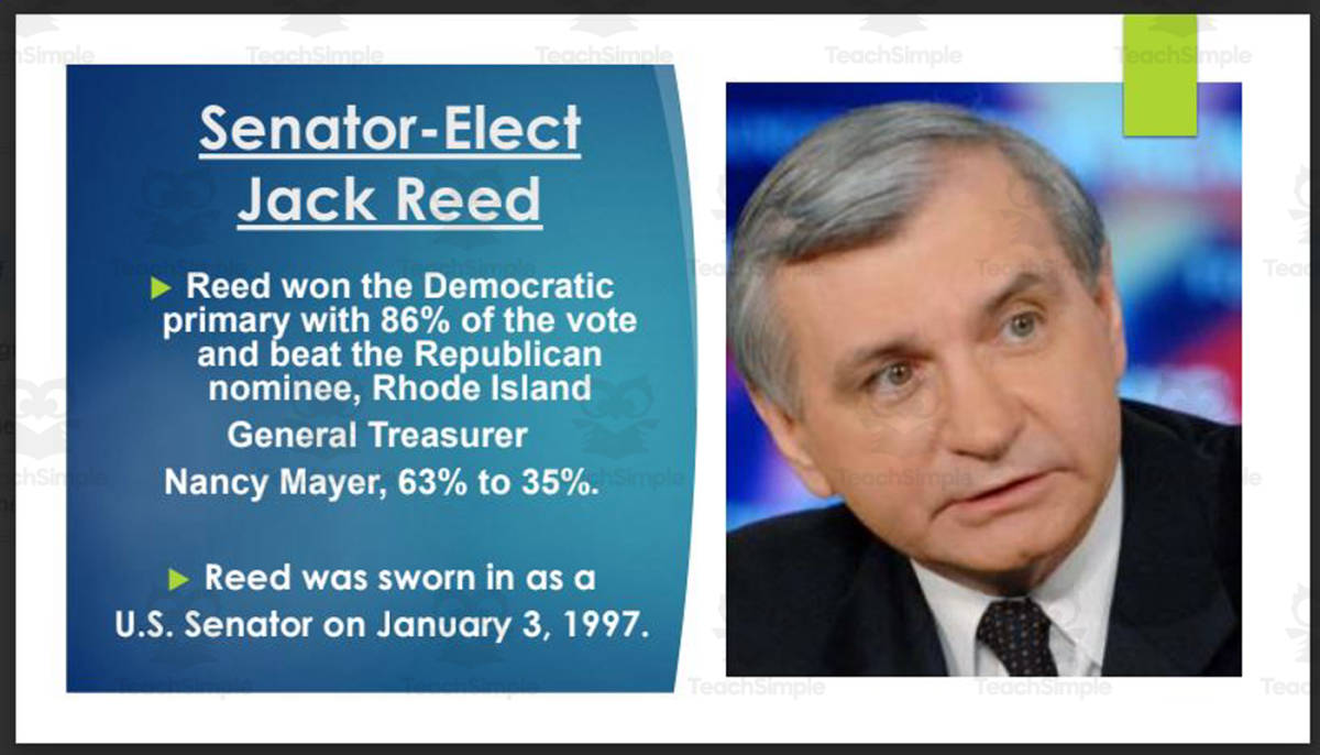 An educational teaching resource from Mr. Matthews Teacher Store entitled Current Rhode Island U.S. Senators & Representatives (BIO PPT Bundle) downloadable at Teach Simple.