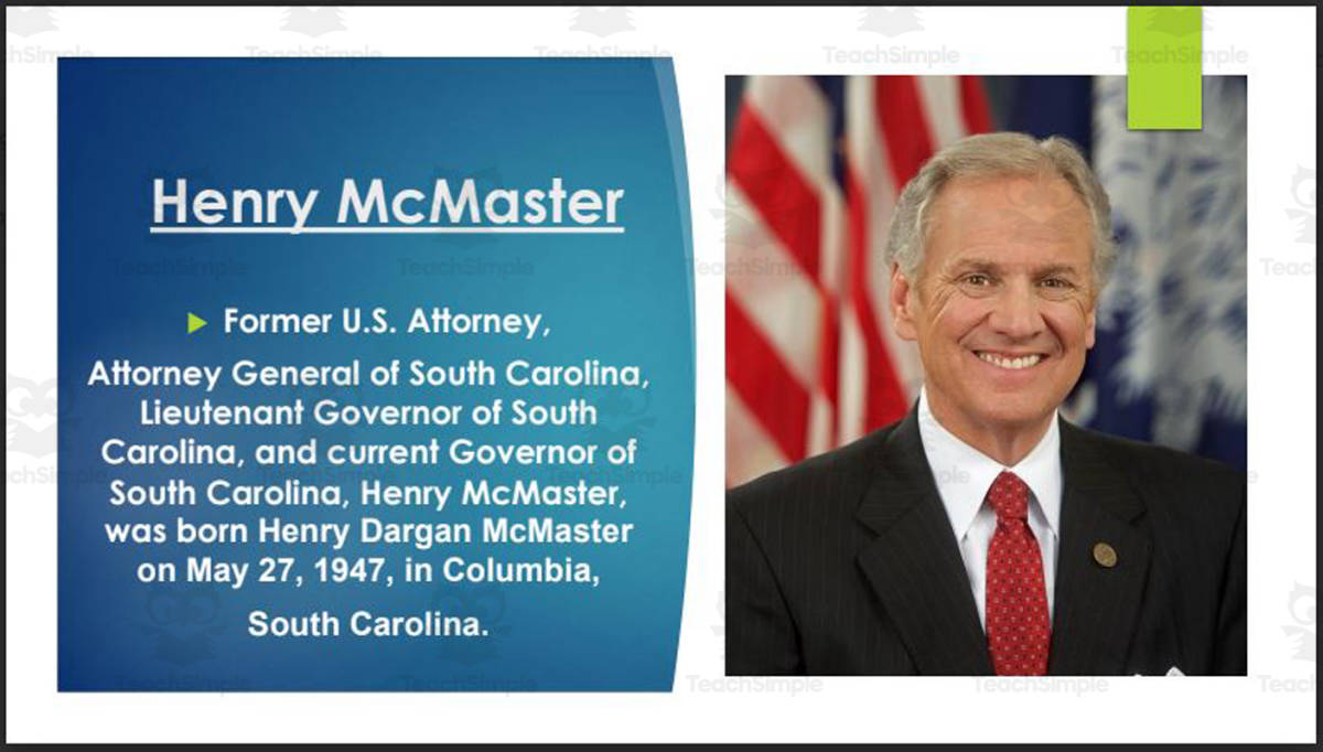 An educational teaching resource from Mr. Matthews Teacher Store entitled Current South Carolina Governor, U.S. Senators & Reps (BIO PPT Bundle) downloadable at Teach Simple.