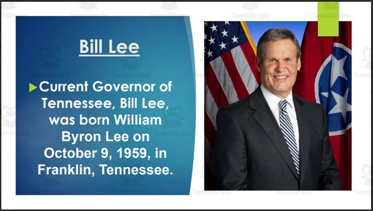 An educational teaching resource from Mr. Matthews Teacher Store entitled Current Tennessee Governor, U.S. Senators & Representatives (BIO PPT Bundle) downloadable at Teach Simple.