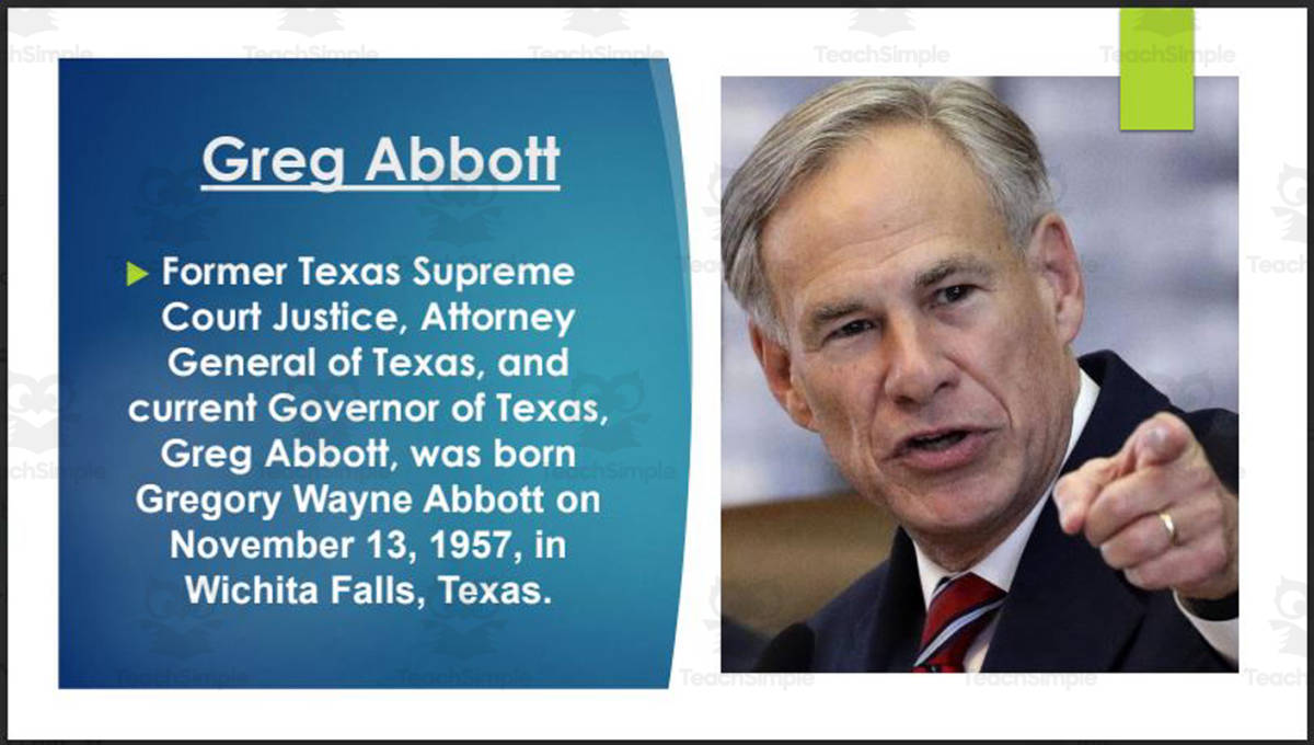 An educational teaching resource from Mr. Matthews Teacher Store entitled Current Texas Governor, U.S. Senators & Representatives (BIO PPT Bundle) downloadable at Teach Simple.