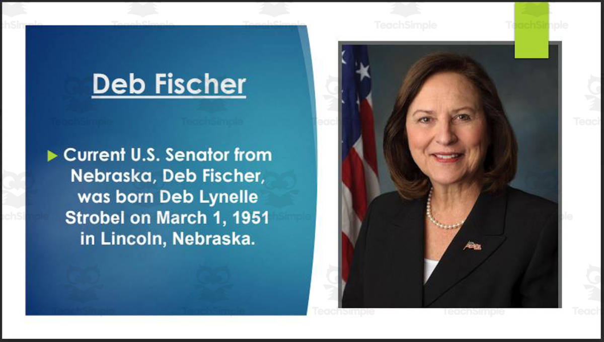 An educational teaching resource from Mr. Matthews Teacher Store entitled Current U.S. Senators & Representatives from Nebraska (Biography PPT Bundle) downloadable at Teach Simple.