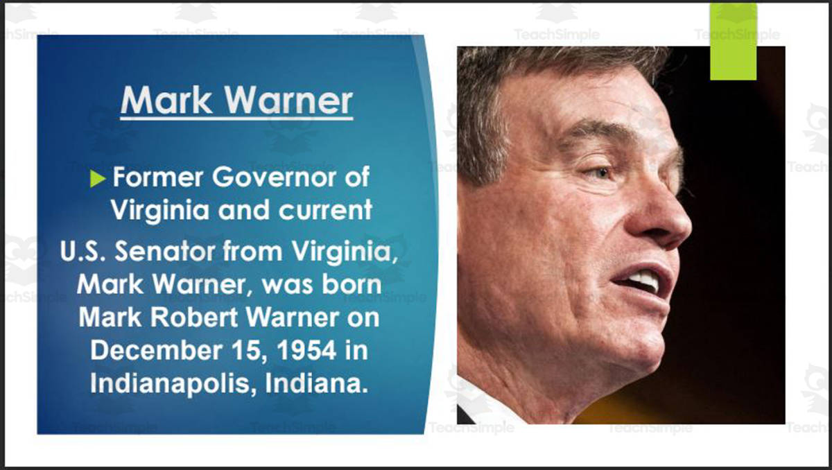 An educational teaching resource from Mr. Matthews Teacher Store entitled Current U.S. Senators and Representatives from Virginia (BIO PPT Bundle) downloadable at Teach Simple.