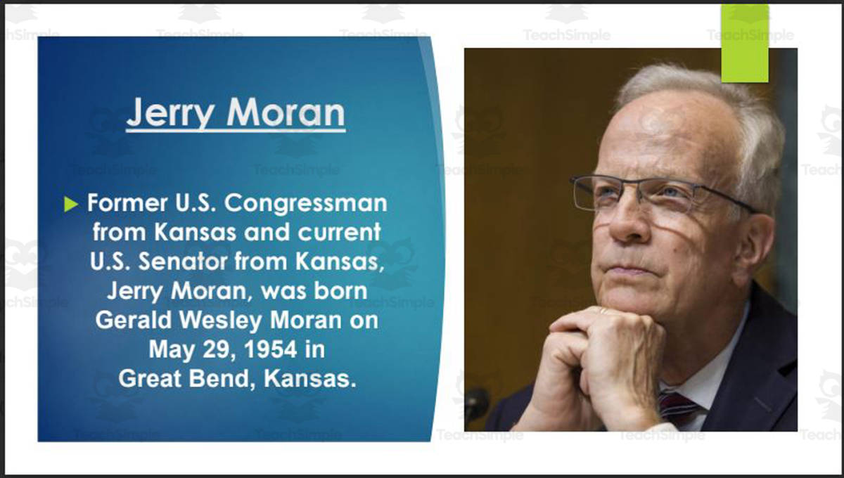 An educational teaching resource from Mr. Matthews Teacher Store entitled Current U.S. Senators and U.S. Representatives from Kansas (BIO PPT Bundle) downloadable at Teach Simple.