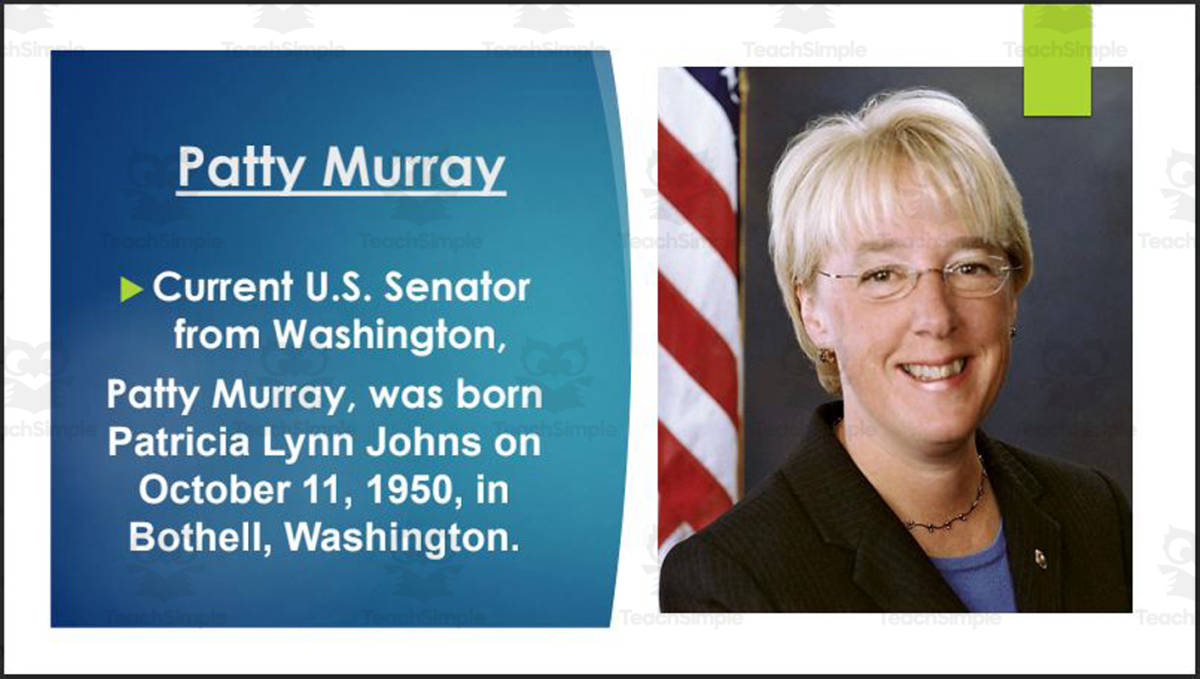 An educational teaching resource from Mr. Matthews Teacher Store entitled Current Washington U.S. Senators & U.S. Representative (BIO PPT Bundle) downloadable at Teach Simple.