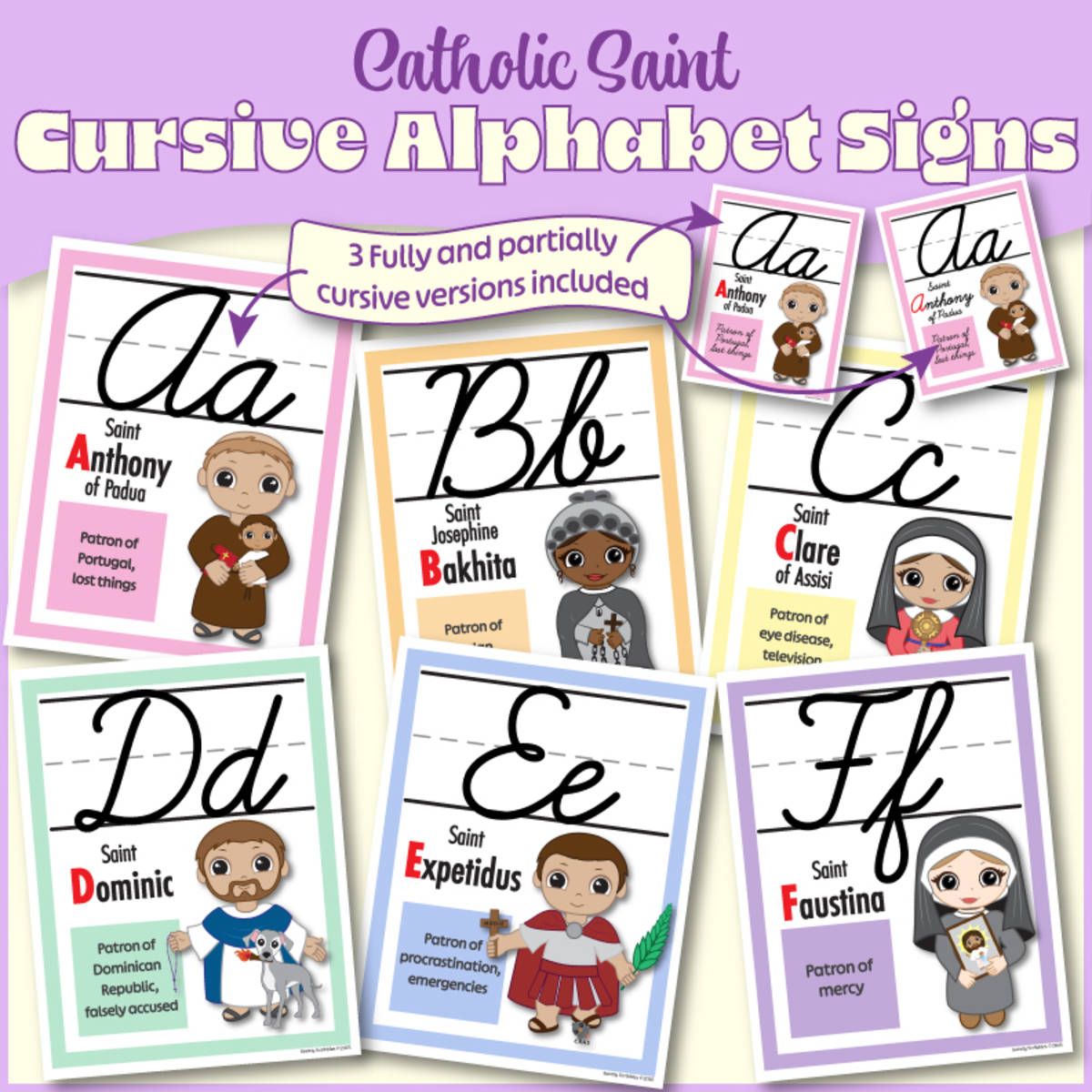 An educational teaching resource from Saintly Scribbles entitled Cursive Alphabet Posters w/Catholic Saints | ABC Signs Classroom Decor downloadable at Teach Simple.