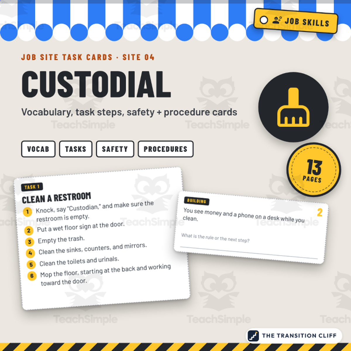Custodial Job Skills Task Cards | Restrooms, Chemical Safety + Mopping preview